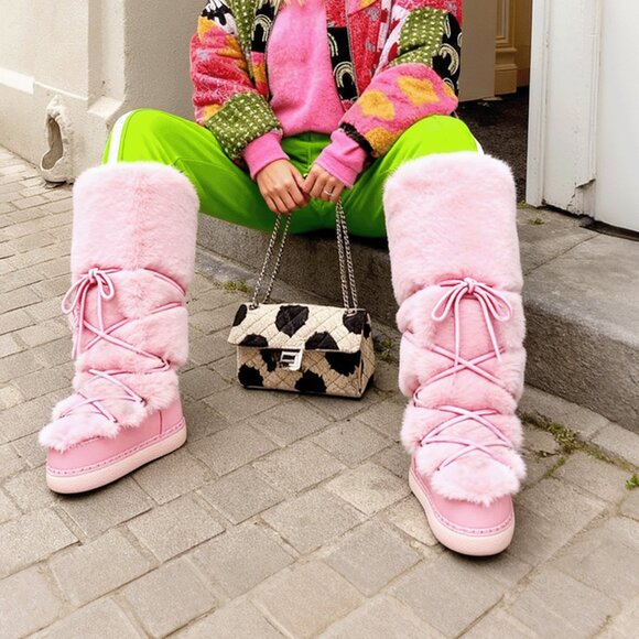 Pink Casual Women's Faux Fur Ski Boots - Picture 1 of 8